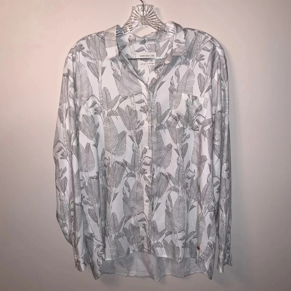 Harris Wilson Cesarine Birds Botanical Print White Grey Viscose  Button Up Shirt